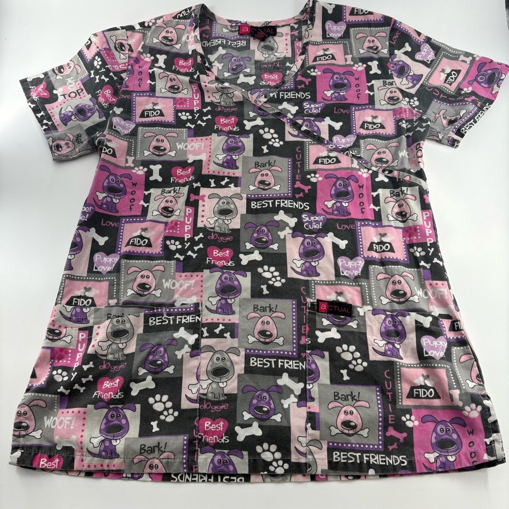 Actual V-Neck Two Pocket Animal Print Scrub Top Small EUC Dog Patterned